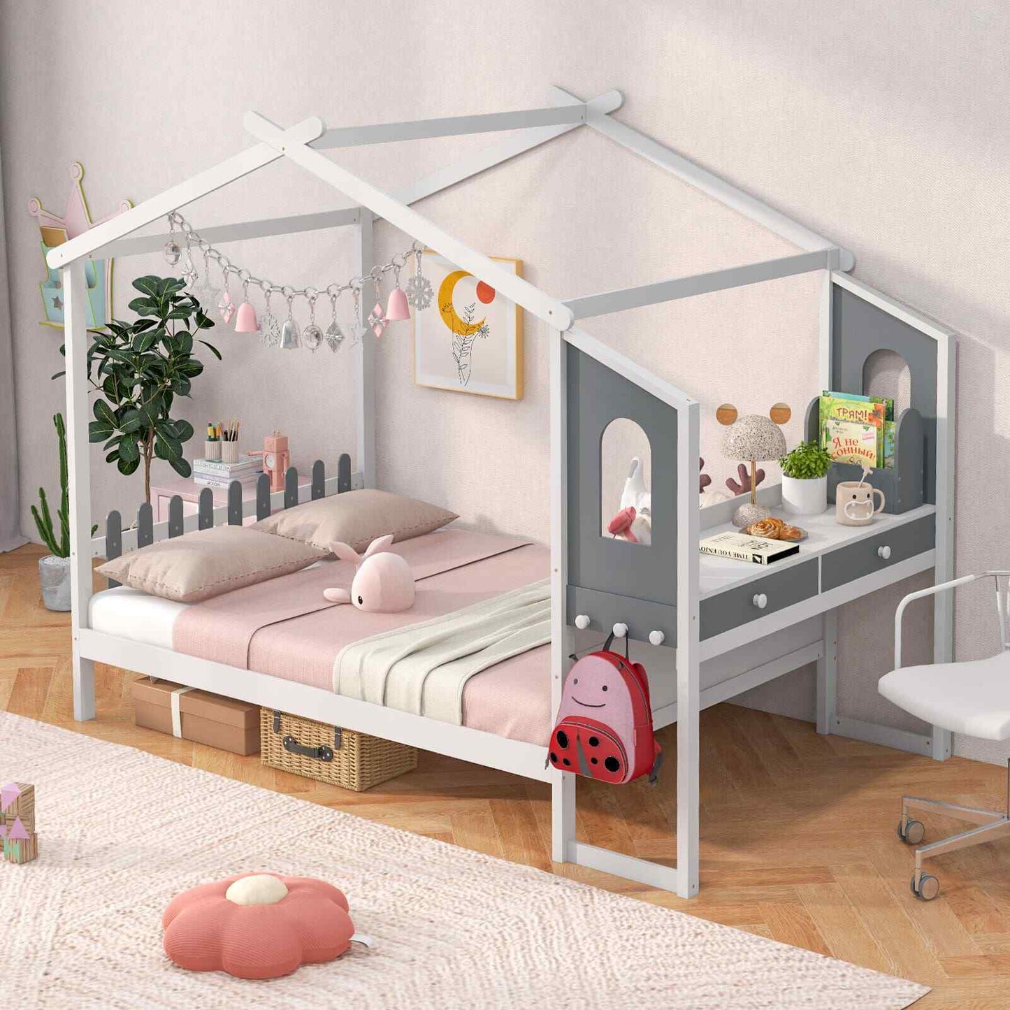 Costway Double House Bed Wood Montessori Bed Frame Playhouse Bed W/Desk