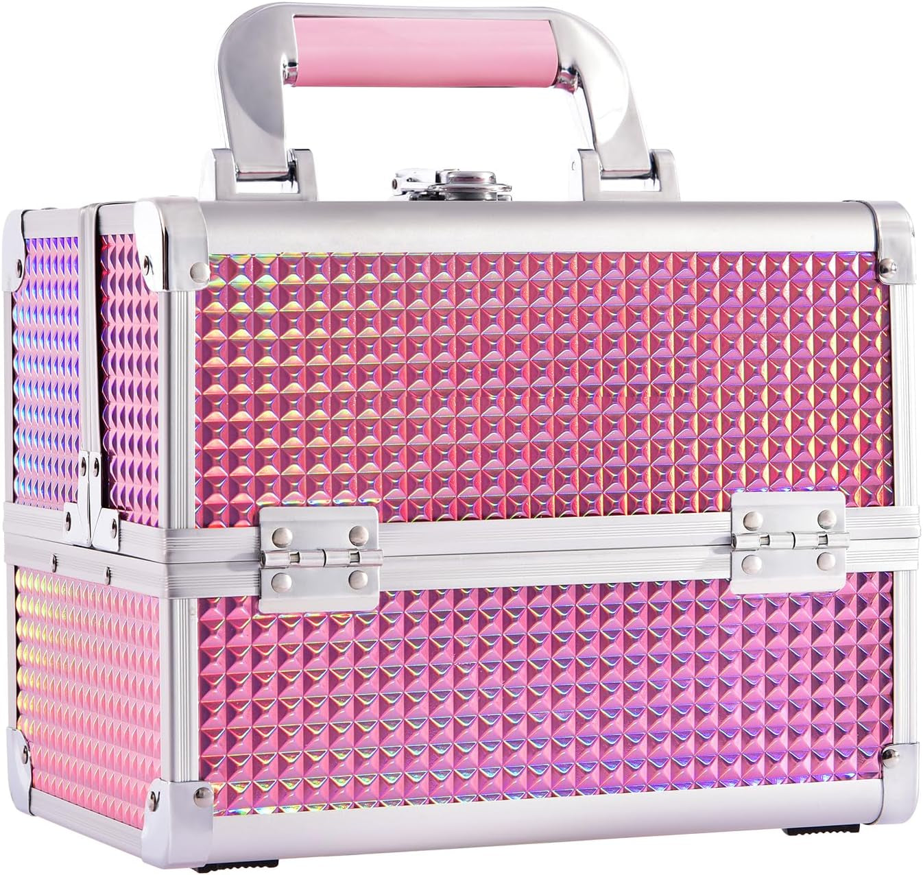 Makeup Box Vanity Case Cosmetic Organiser Box Beauty Storage Train Case with Mirror, Lockable with Keys, Holographic Pink