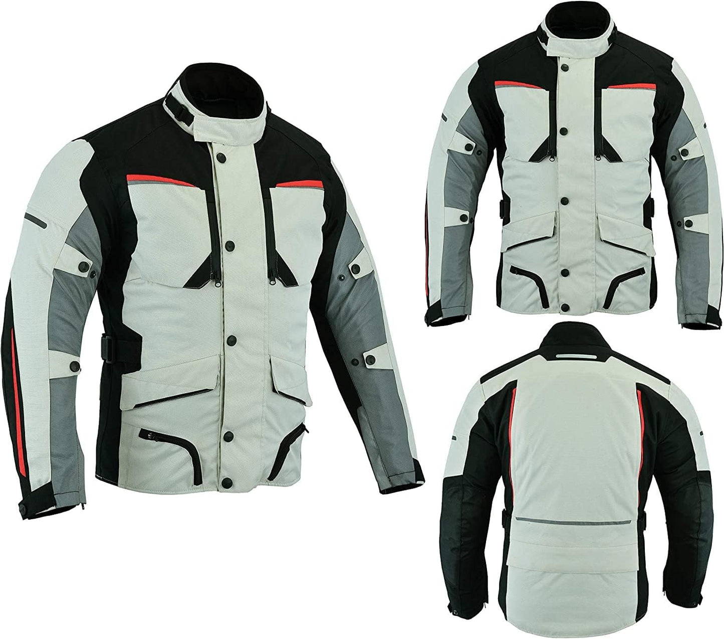 Mens Waterproof Armoured Motorcycle/Motorbike Jacket Winter Summer off White/Grey Colour Textile Codura Fabric CE Armoured