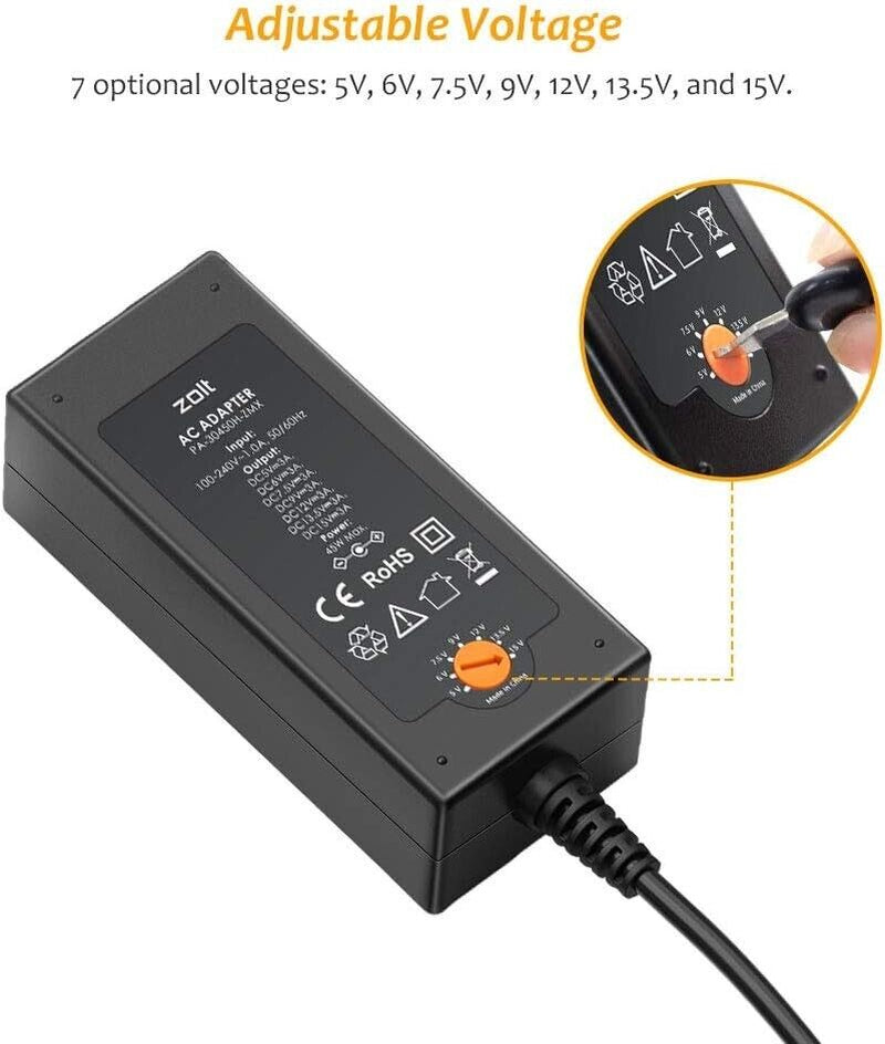 Zolt 45W Universal Power AC Adapter 5V 6V 7.5V 9V 12V 13.5V 15V 1A 2A 3A Power S