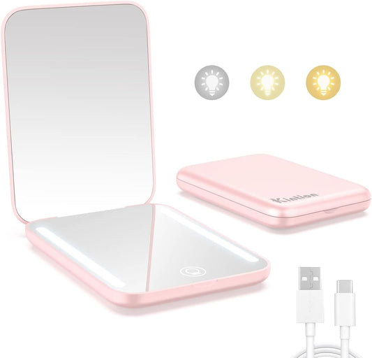 Rechargeable Pocket Mirror, 1X/3X Magnification LED Compact Travel Makeup Mirror, 3 Color Temperature, Dimmable, 400Mah, Portable Compact Mirror, Small Purse Mirrors for Women Gift, Pink