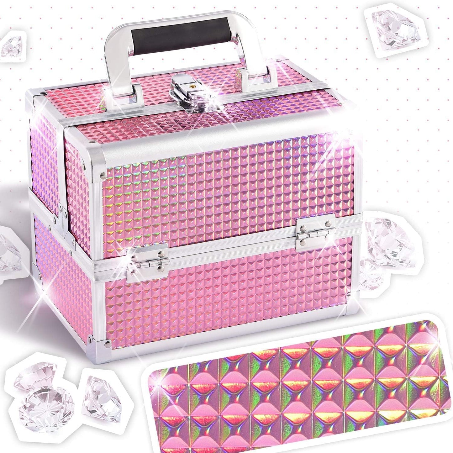 Makeup Box Vanity Case Cosmetic Organiser Box Beauty Storage Train Case with Mirror, Lockable with Keys, Holographic Pink