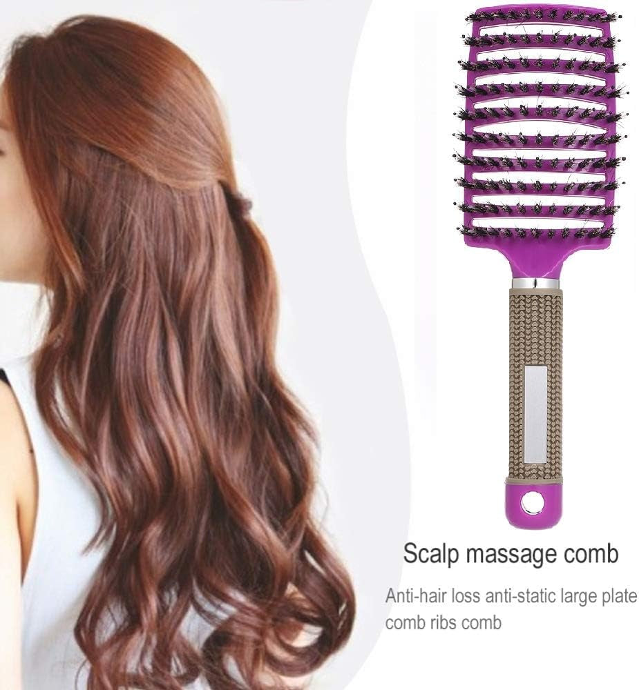 Boar Bristle Hair Brush Set – Curved and Vented Detangling Hair Brush (Pink+Purple)