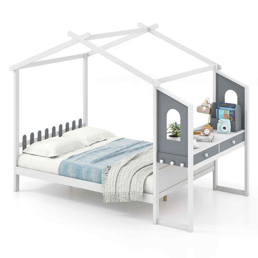 Costway Double House Bed Wood Montessori Bed Frame Playhouse Bed W/Desk