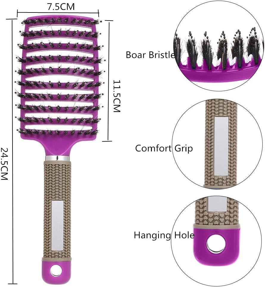 Boar Bristle Hair Brush Set – Curved and Vented Detangling Hair Brush (Pink+Purple)