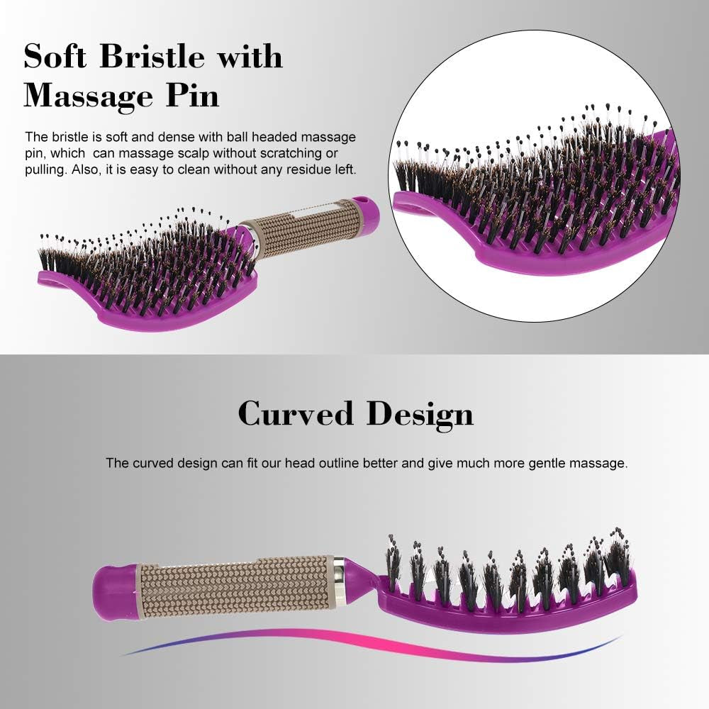 Boar Bristle Hair Brush Set – Curved and Vented Detangling Hair Brush (Pink+Purple)