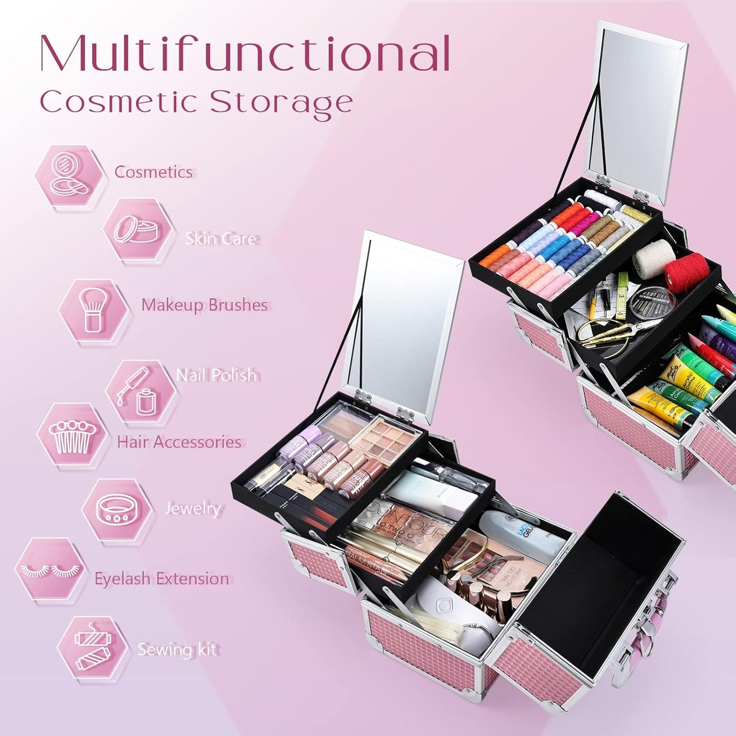 Makeup Box Vanity Case Cosmetic Organiser Box Beauty Storage Train Case with Mirror, Lockable with Keys, Holographic Pink