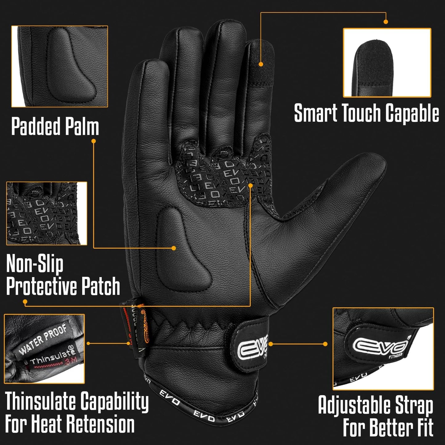 EVO Professional Leather Motorbike Motorcycle Gloves Heavy Duty Thinsulate 3M Hipora Windproof Waterproof Winter All Weather Thermal Carbon Shell Fiber Knuckle Smartphone Touch Compatible Gloves