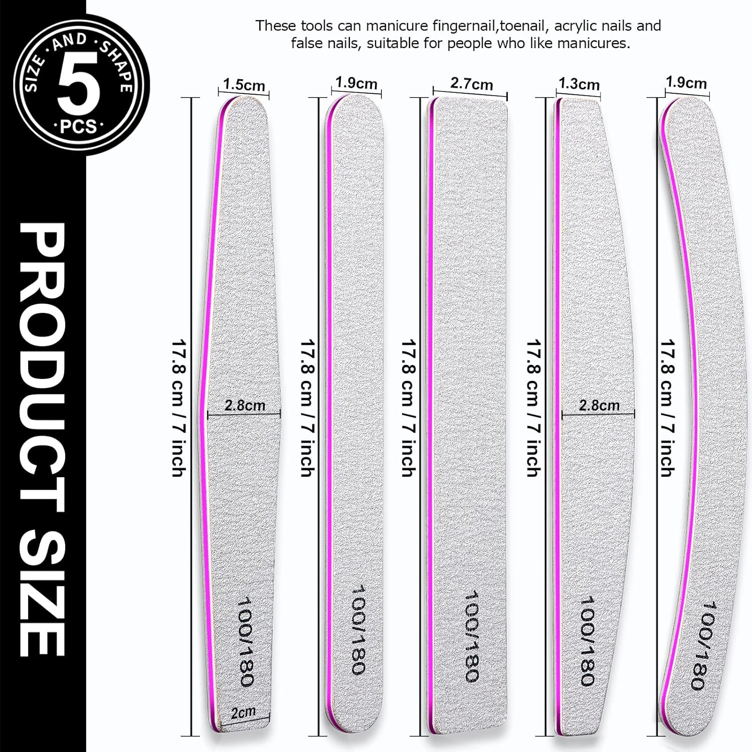 10 Pcs Nail File Set, 5 Shapes Nail Files for Acrylic and Gel Nails, 100/180 Grit Emery Boards for Nails, Nail File and Buffer Set