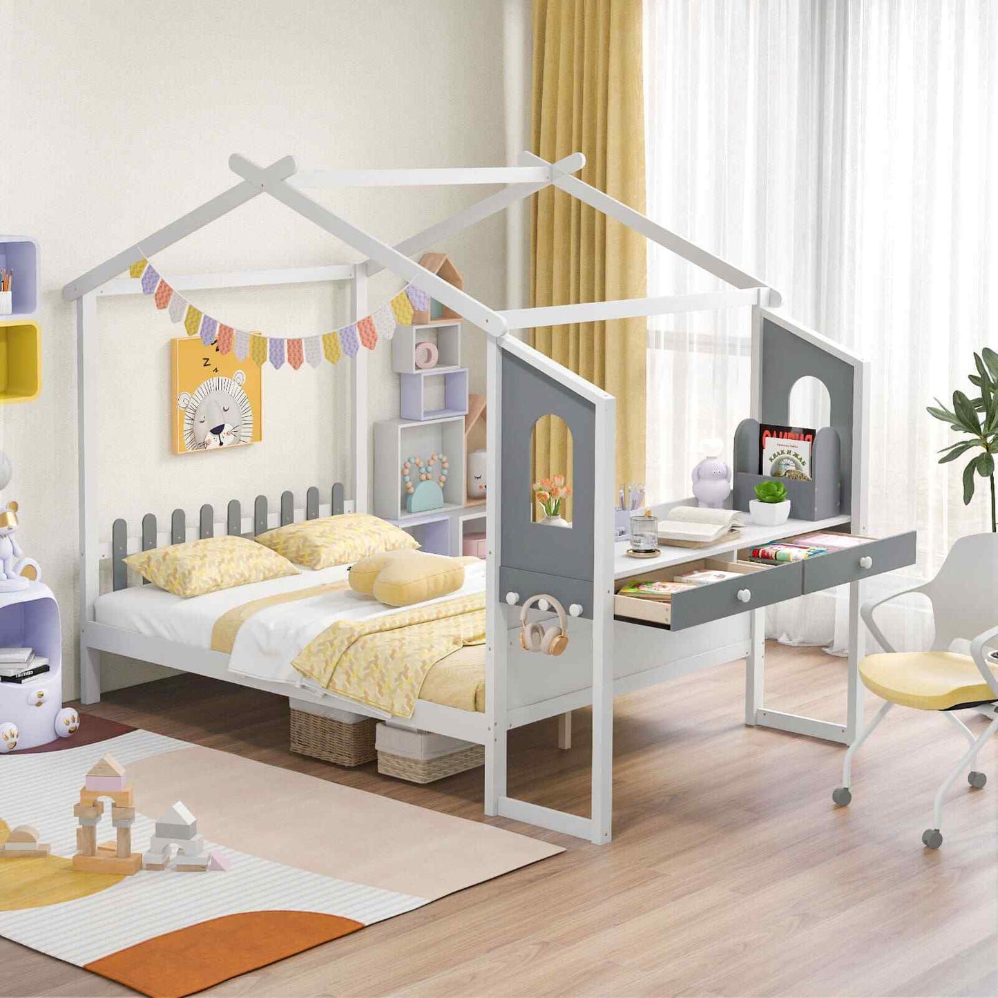 Costway Double House Bed Wood Montessori Bed Frame Playhouse Bed W/Desk