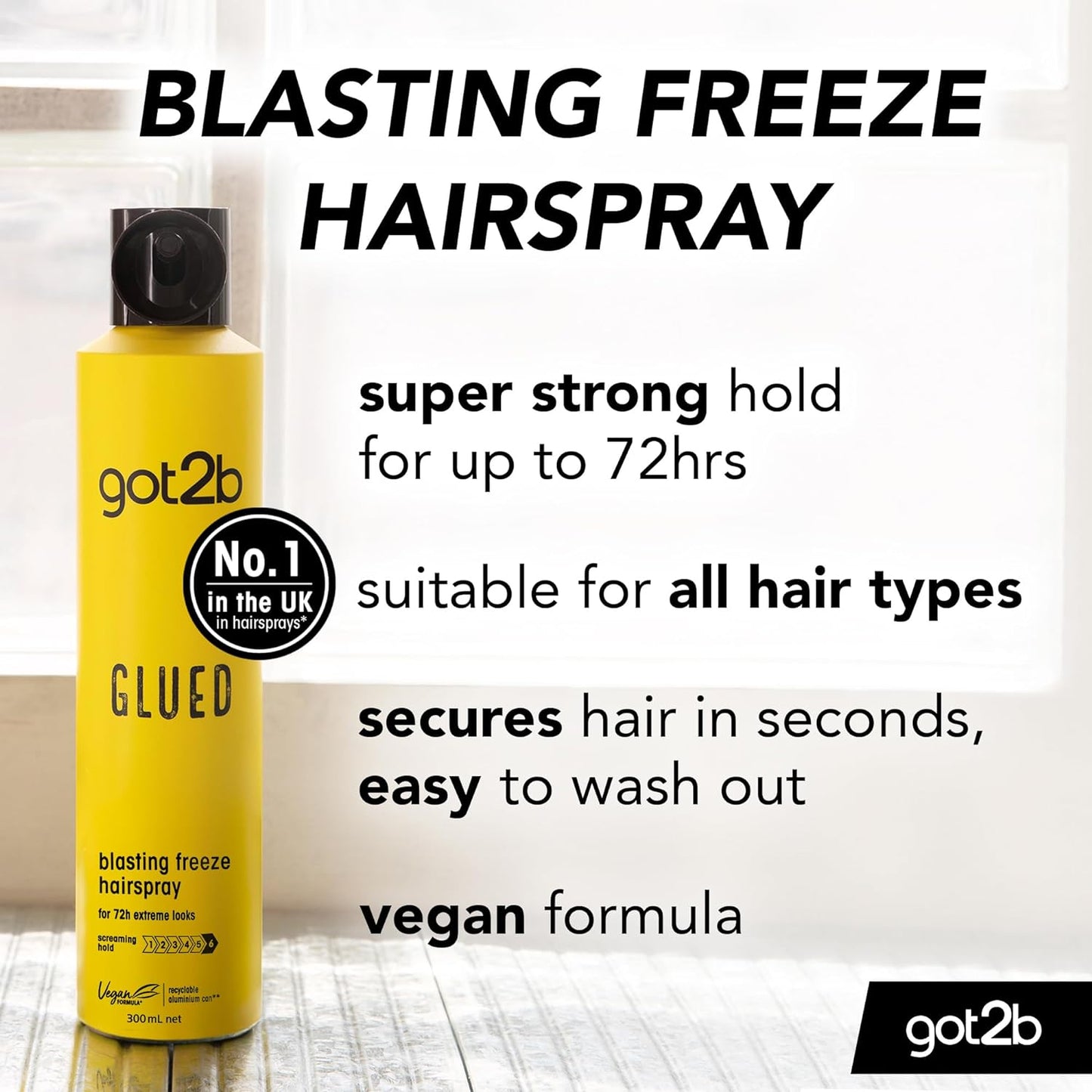 Glued Hairspray, Blasting Freeze Spray, Strong Hold Hairspray for up to 72 Hours, Vegan, Silicone Free, 300 Ml