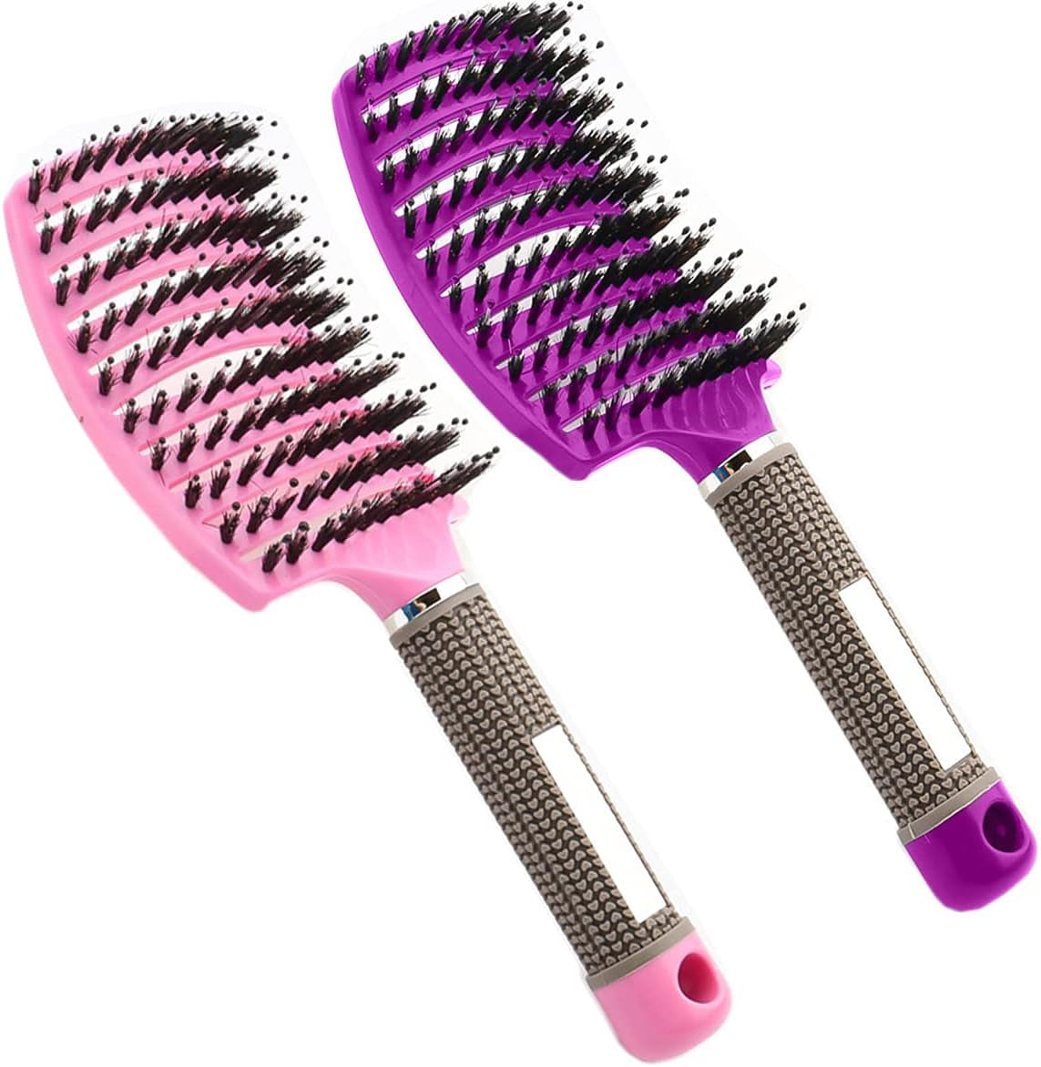 Boar Bristle Hair Brush Set – Curved and Vented Detangling Hair Brush (Pink+Purple)