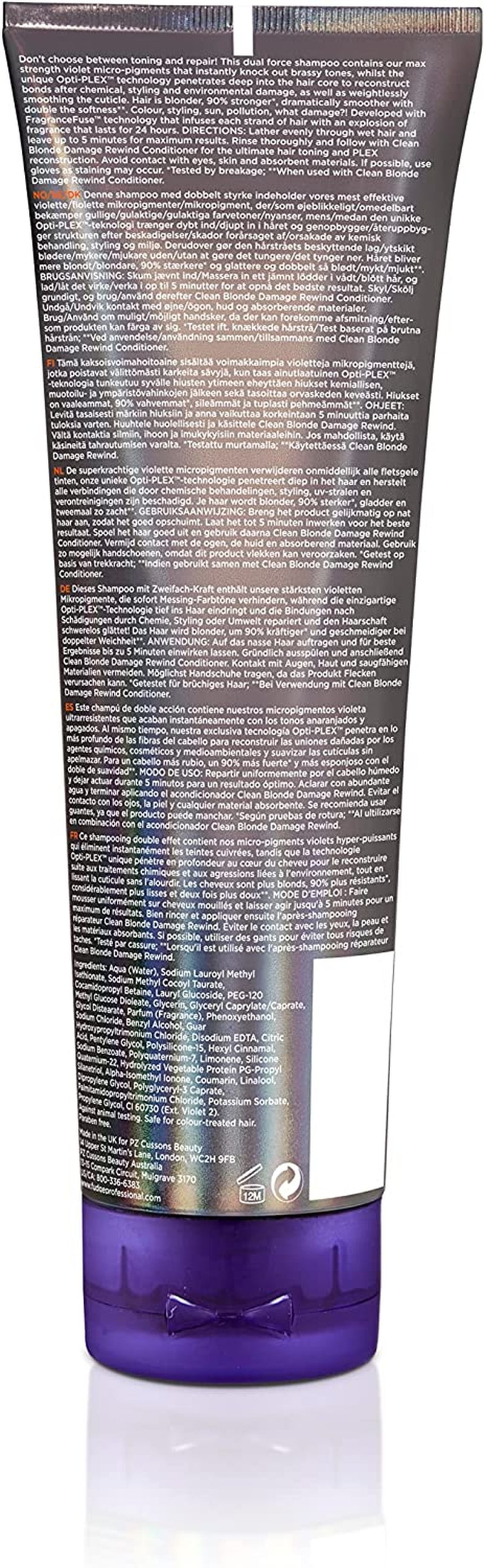 Professional Clean Blonde Damage Rewind Shampoo, Intense Purple Toning for Blonde Hair, Bond Repair Technology, Sulfate Free, 250 Ml