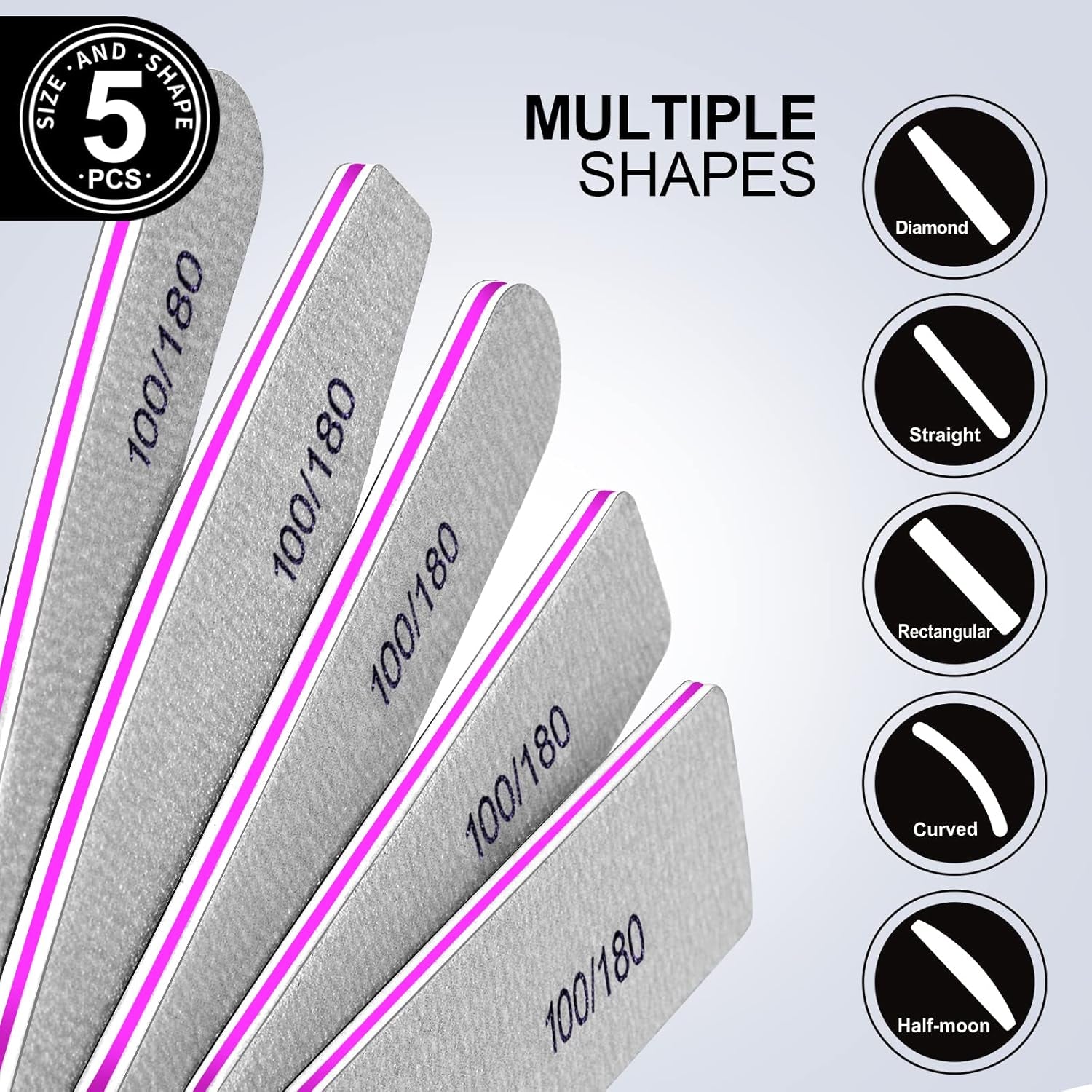 10 Pcs Nail File Set, 5 Shapes Nail Files for Acrylic and Gel Nails, 100/180 Grit Emery Boards for Nails, Nail File and Buffer Set