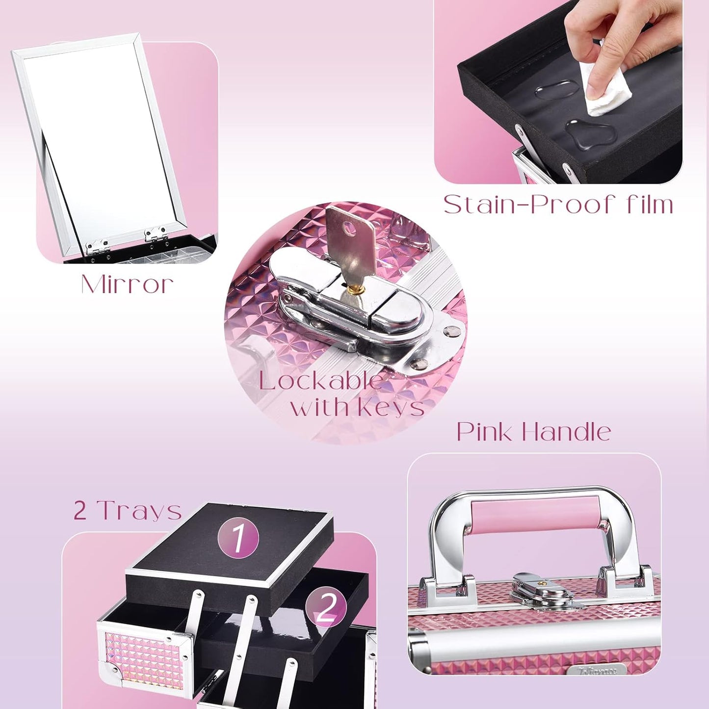 Makeup Box Vanity Case Cosmetic Organiser Box Beauty Storage Train Case with Mirror, Lockable with Keys, Holographic Pink