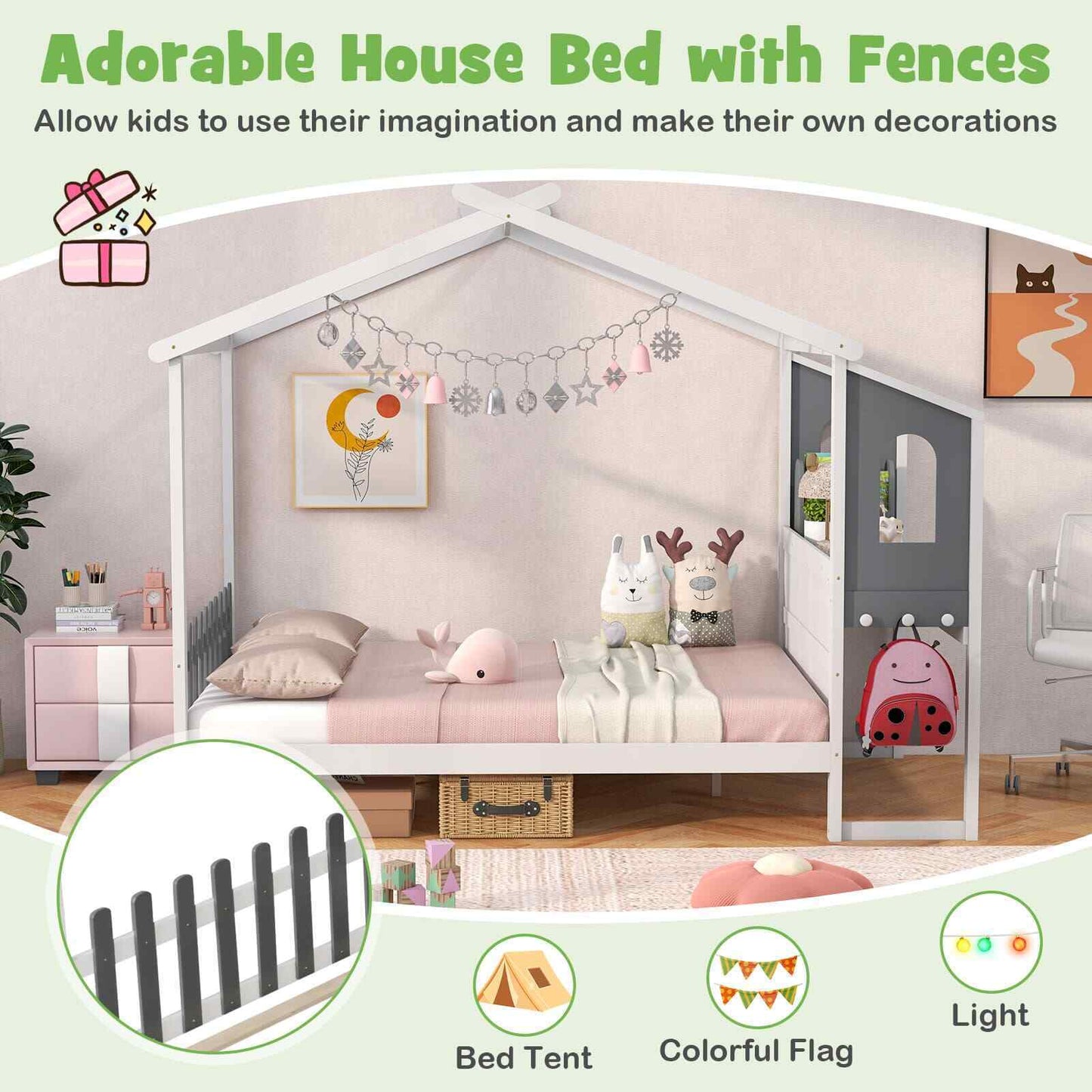 Costway Double House Bed Wood Montessori Bed Frame Playhouse Bed W/Desk