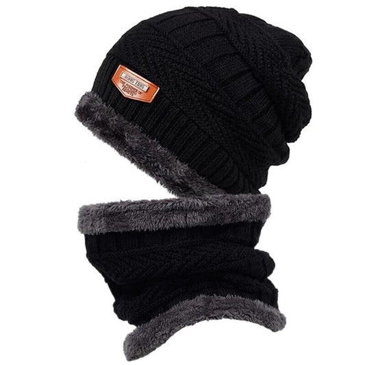 2-Pieces Winter Beanie Hat Scarf Set Warm Knit Hat Thick Fleece Lined Winter Cap