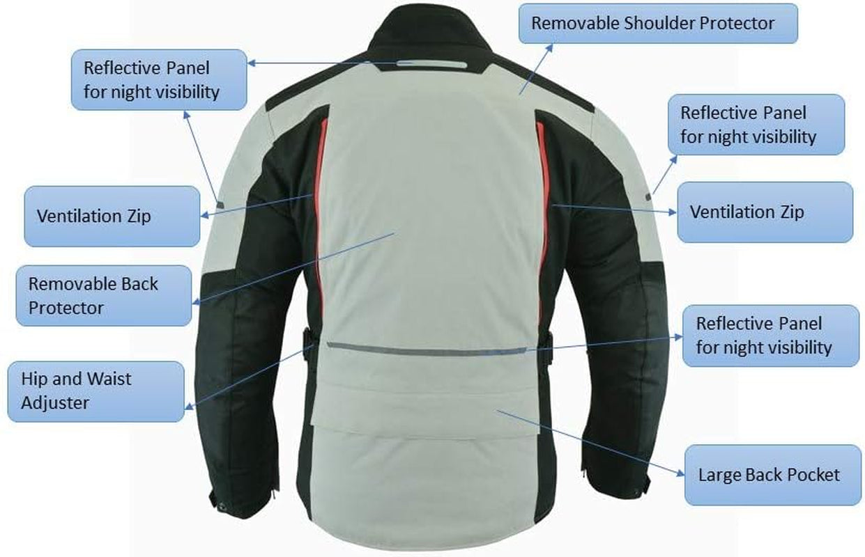 Mens Waterproof Armoured Motorcycle/Motorbike Jacket Winter Summer off White/Grey Colour Textile Codura Fabric CE Armoured