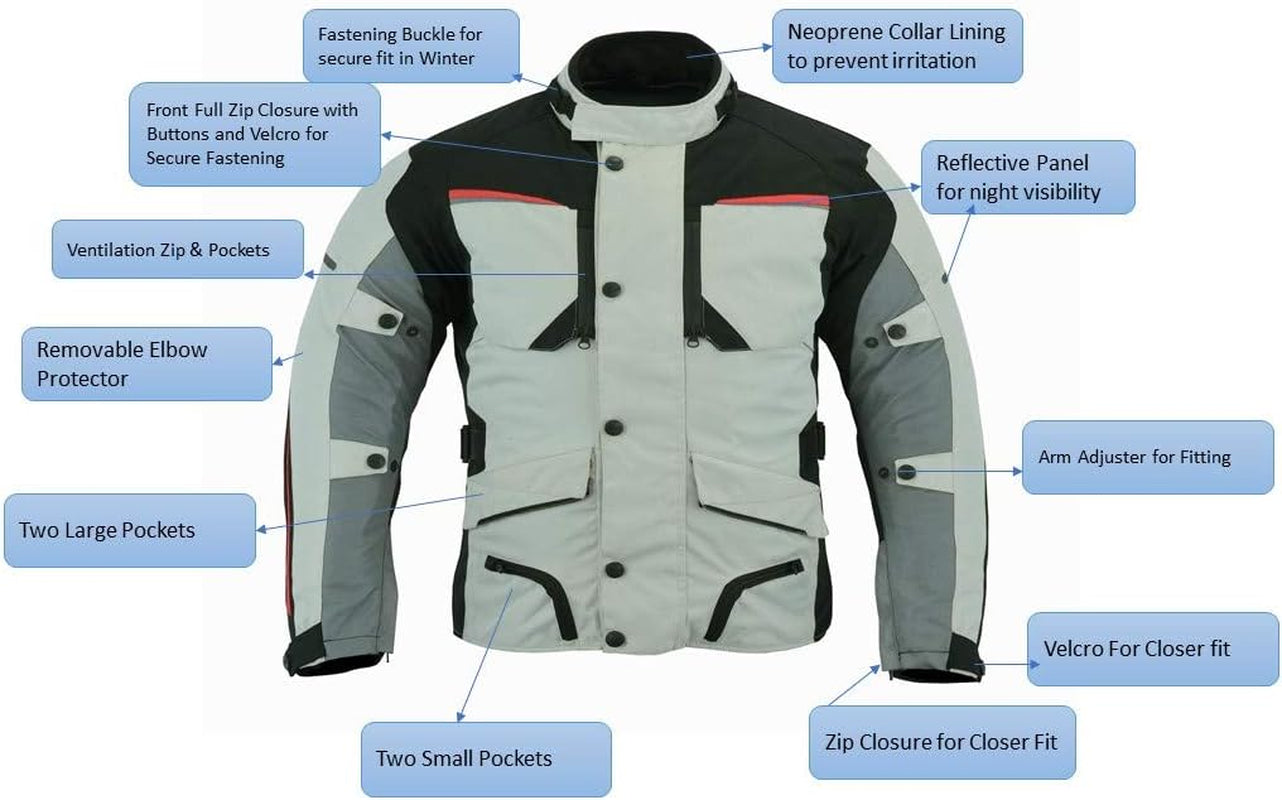 Mens Waterproof Armoured Motorcycle/Motorbike Jacket Winter Summer off White/Grey Colour Textile Codura Fabric CE Armoured