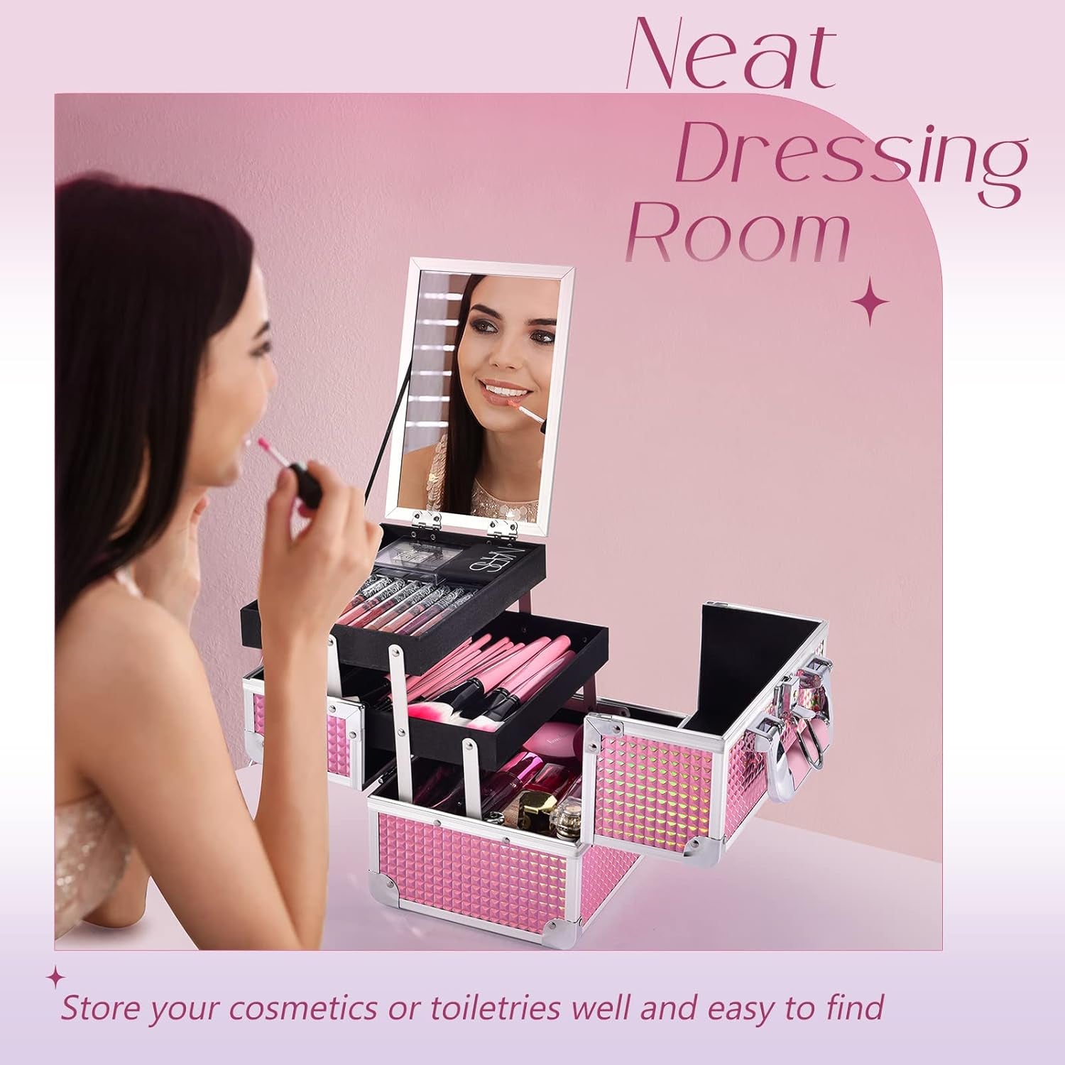 Makeup Box Vanity Case Cosmetic Organiser Box Beauty Storage Train Case with Mirror, Lockable with Keys, Holographic Pink