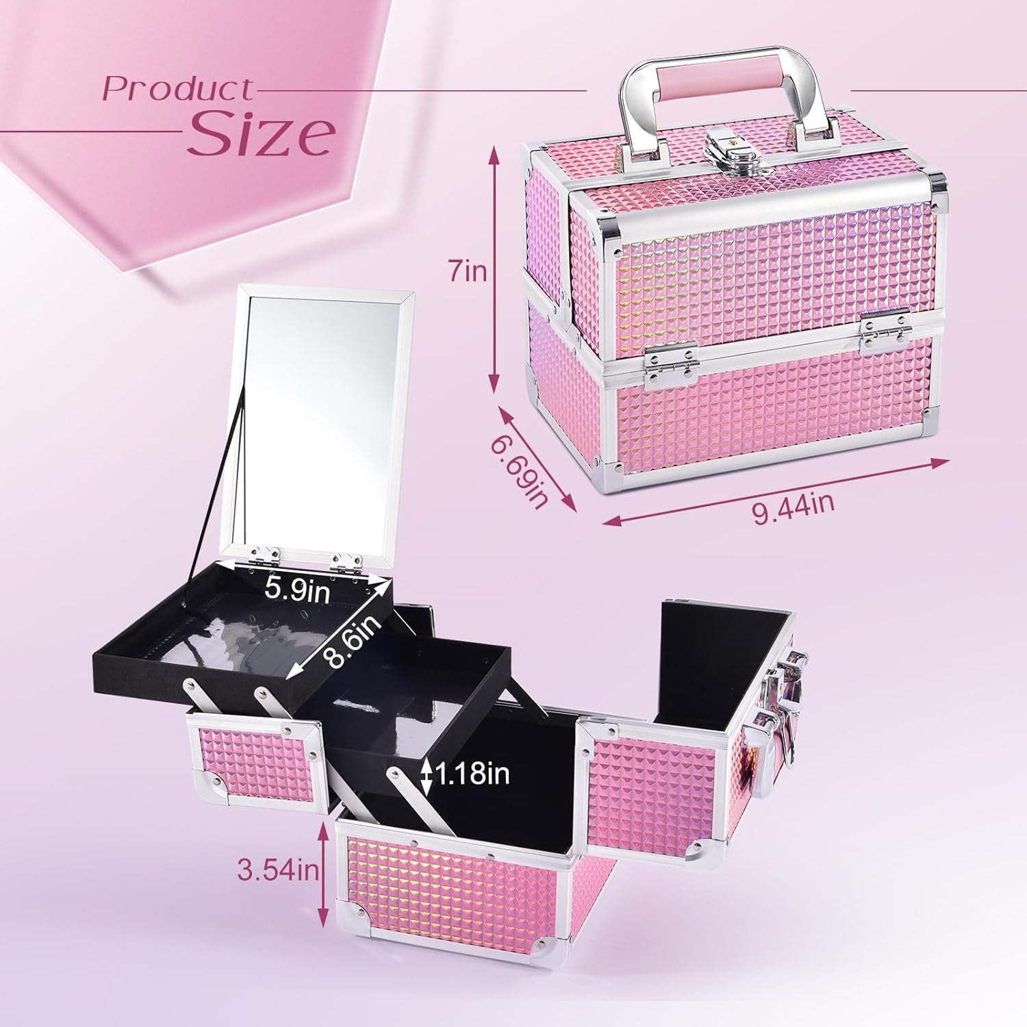 Makeup Box Vanity Case Cosmetic Organiser Box Beauty Storage Train Case with Mirror, Lockable with Keys, Holographic Pink