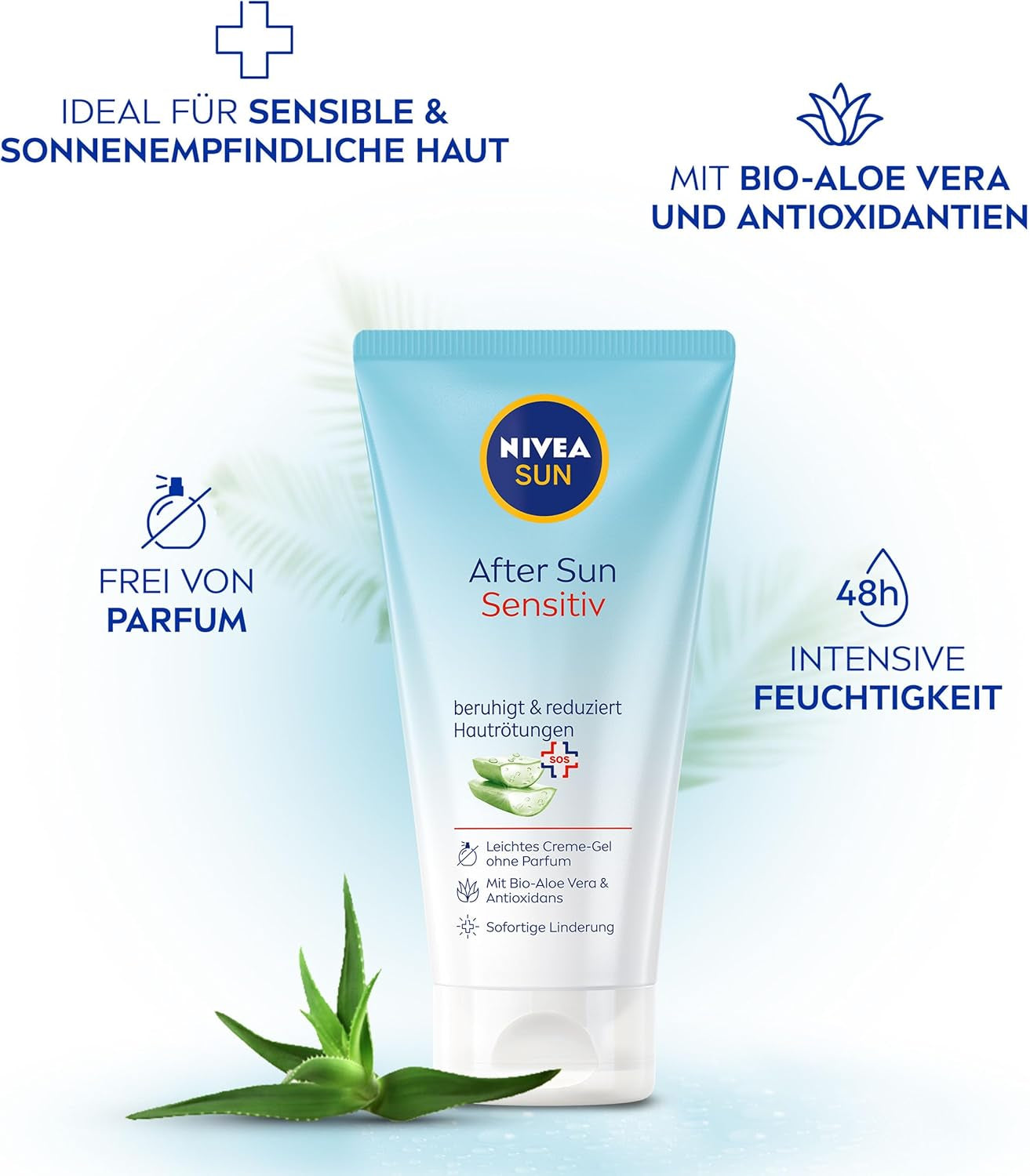 SUN after Sun Sensitive SOS Cream Gel (175 Ml), Cooling after Sun Gel with Skin Soothing Effect, Skin Gel with Organic Aloe Vera and Antioxidants, for Sensitive Skin