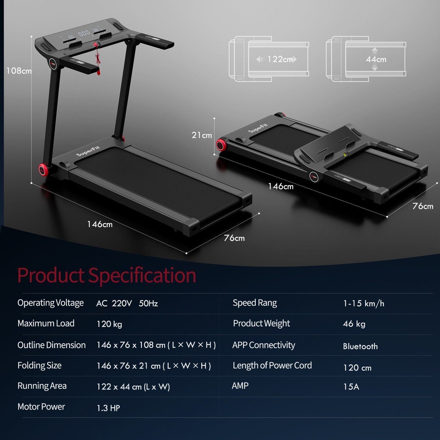 1.3HP Electric Folding Treadmill with 12 Programs