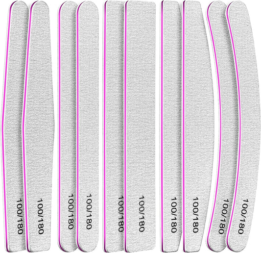 10 Pcs Nail File Set, 5 Shapes Nail Files for Acrylic and Gel Nails, 100/180 Grit Emery Boards for Nails, Nail File and Buffer Set